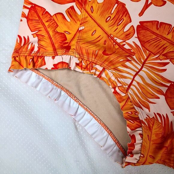Kortni Jeane Bikini Bottoms XL Orange Palm Leaf Tropical Ruffle High Rise Swim‎ - Picture 2 of 7
